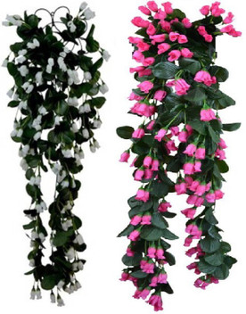 kaykon Artificial Flowers Hanging Rose Kali Buds Home Decor Flowers With Iron Net , Pack of 2 , Height 32 inch White, Red Rose Artificial Flower